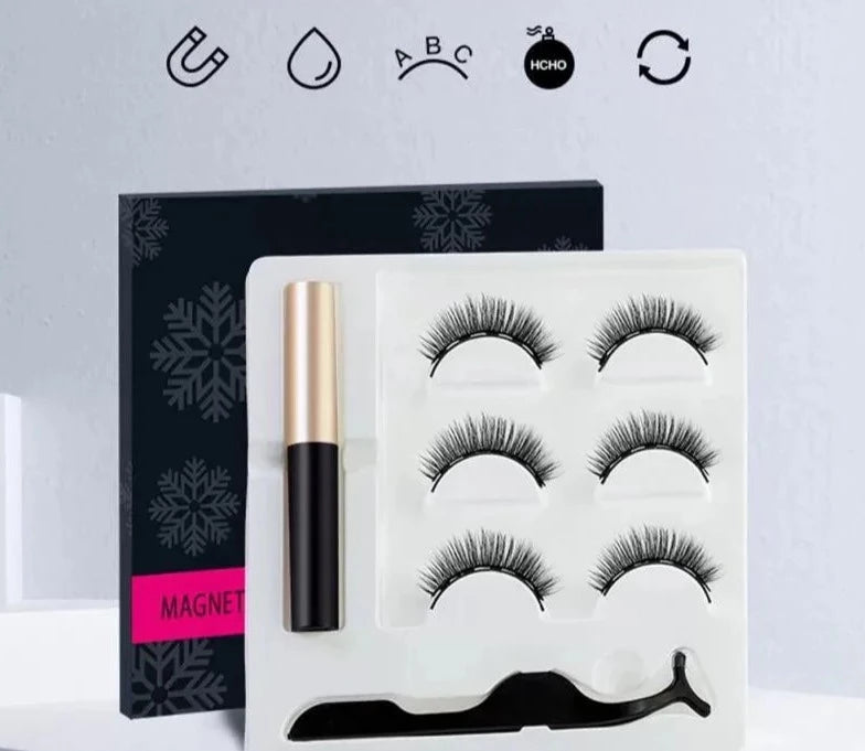 Kit Cílios e Delineador Magnéticos, Com Pinça Blogueira, Mega Volume Natural, 3 Pares de Qualidade