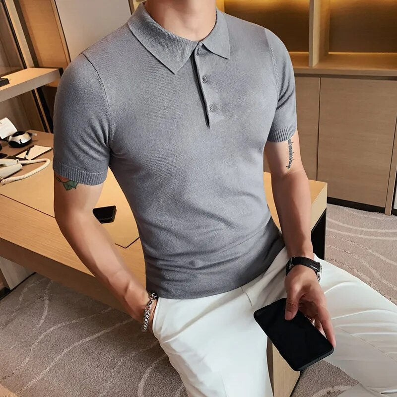 Camisa Masculina Polo, Moda Casual, Ajuste Fino no Corpo