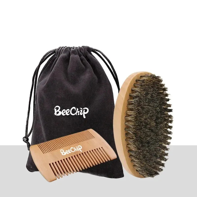 Kit Escova de Cerdas Para Barba e Pente Antiestático de Barbear Profissional + Bolsa, Kit Presente