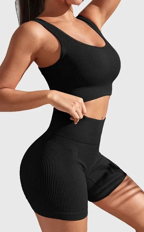 Conjunto 2 peças Regata e Shorts, Com Relevos, Sem Costura, Cintura Alta, Para Yoga e Demais Treinos