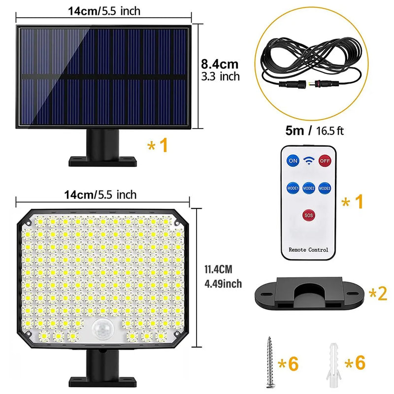 Luz Solar Externa 118LED Com sensor de Movimento, Controle Remoto e à prova d'água