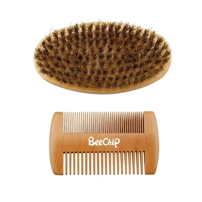 Kit Escova de Cerdas Para Barba e Pente Antiestático de Barbear Profissional + Bolsa, Kit Presente