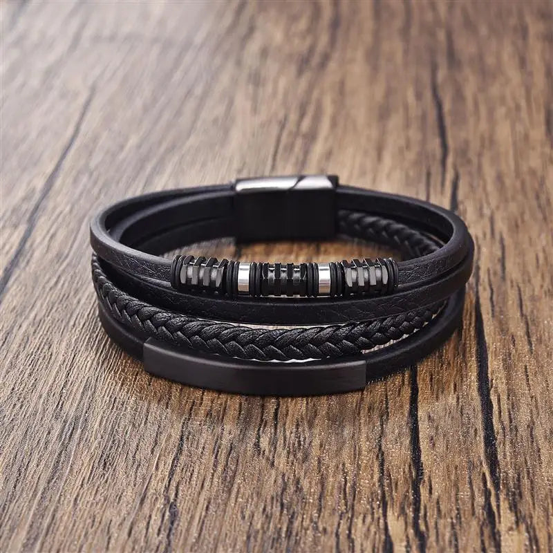 Pulseira de Couro Masculina de Aço Inoxidável, Multi-Camada