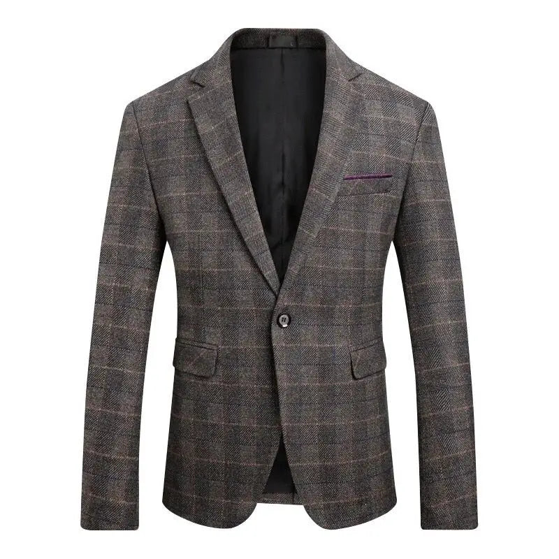 Blazer Britânico Moda Vintage Masculino, Tecido de Algodão, Xadrez, Fino Ajuste